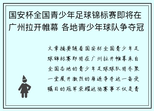 国安杯全国青少年足球锦标赛即将在广州拉开帷幕 各地青少年球队争夺冠军荣耀