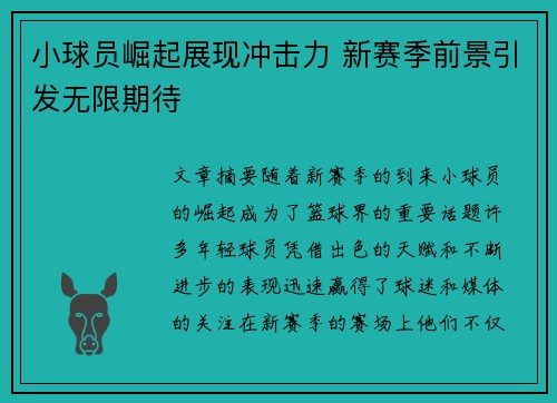 小球员崛起展现冲击力 新赛季前景引发无限期待